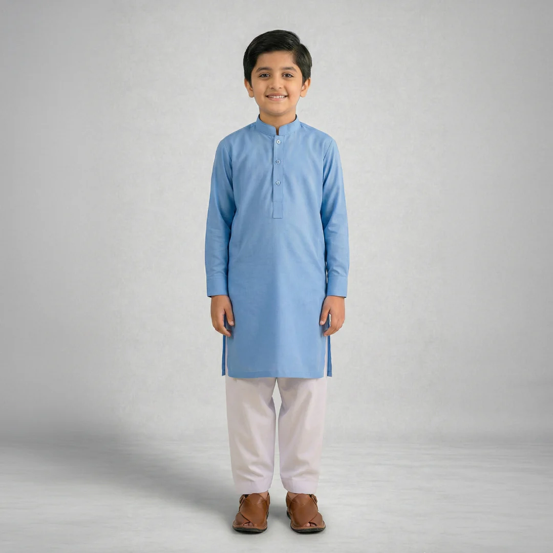 D3---WEB---NEW-FRONT_jpg Boys Wash & Wear Sky Blue Kurta Pajama - Image 1