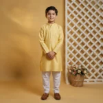 Boys Cotton Yellow Cream Kurta Pajama - Image 3