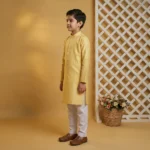 Boys Cotton Yellow Cream Kurta Pajama - Image 4